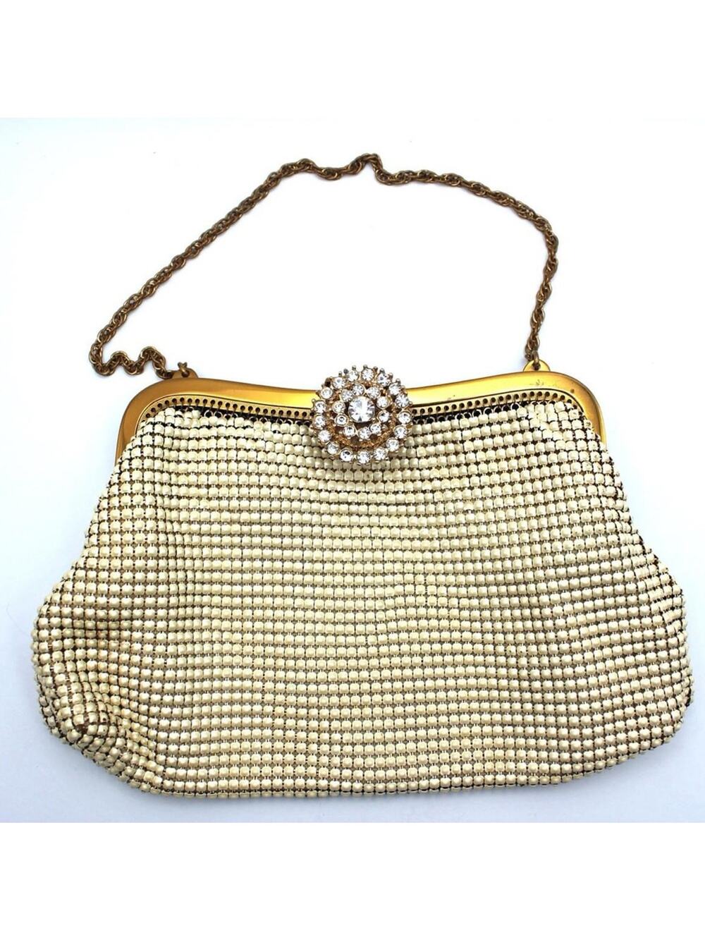 1940’s Whiting and Davis Ivory Mesh Wristlet Evening Purse with Crystal Clasp✨